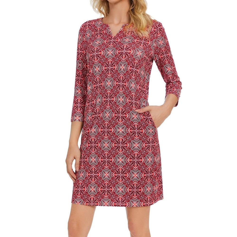 Light Bare UPF 50+‎ Red Print V Neck 3/4 Sleeve Dress Lightweight Athletic XXL